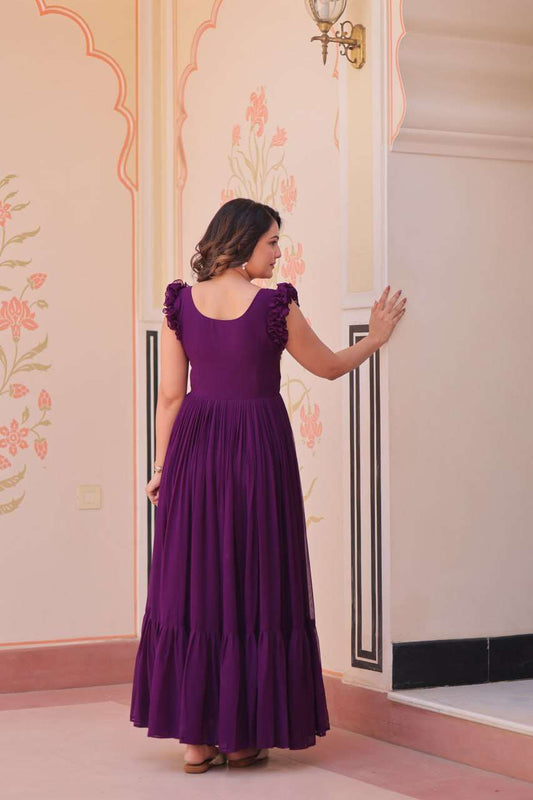 Women's Elegant Plum Purple Georgette Anarkali Gown with Butterfly Applique & Ruffle Sleeves â Festive & Special Occasion Wear - Purple, XL (42)
