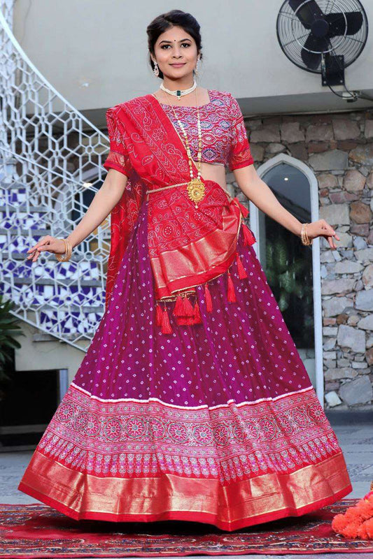 Women's Traditional Bandhani Ghagra Choli with Dupatta ? Navratri & Festive Wear - Magenta