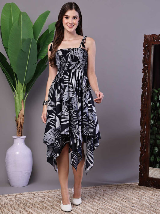 Women's Black & White Leaf Print Cotton Handkerchief Hem Dress Midi Dresses - M