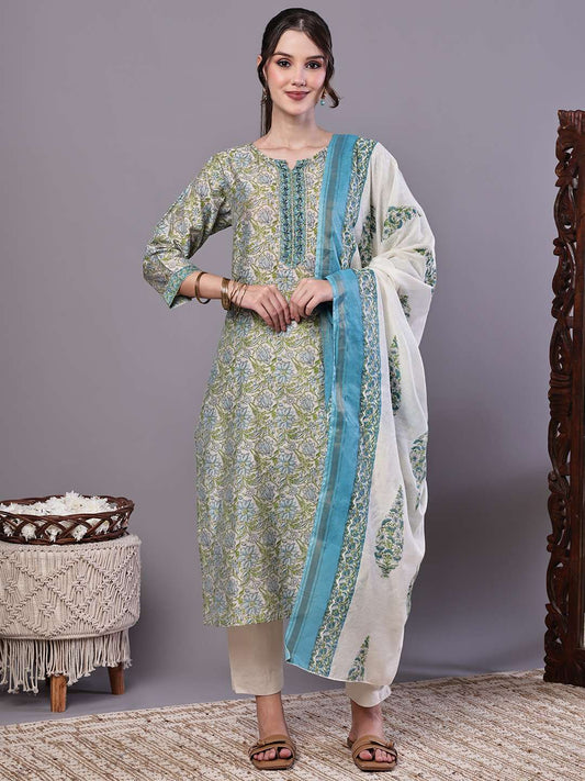 Women's Green & Blue Floral Chanderi Printed Kurta Set with Dupatta Suit Sets - XXL