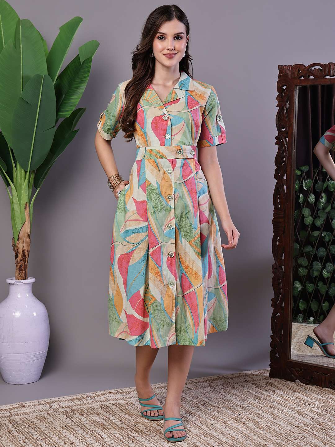 Women's Pastel Abstract Print Button-Down Cotton Midi Dress - XXL