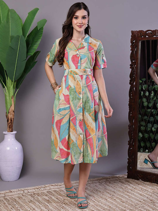 Women's Pastel Abstract Print Button-Down Cotton Midi Dress - XXL