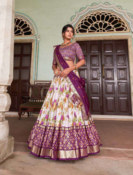 Women's Tussar Silk Patola Print Lehenga Choli with Dupatta ? Foil Work Stitched Lehenga Set - Purple