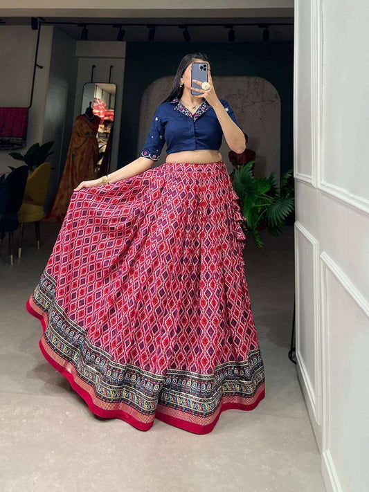 Women's Printed Ethnic Lehenga Choli Set with Embroidered Blouse ? Stylish Festive Wear - Red