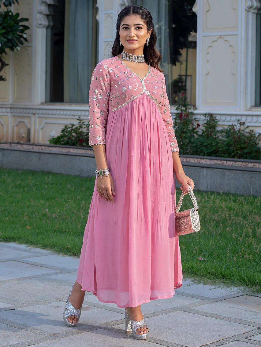 Women's Rayon embroidery work Georgette Fit & Flare Dress - L