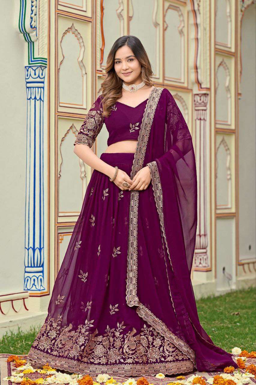 Women's Embroidered Lehenga Choli with Net Dupatta ? Festive & Wedding Wear Set - Wine Purple