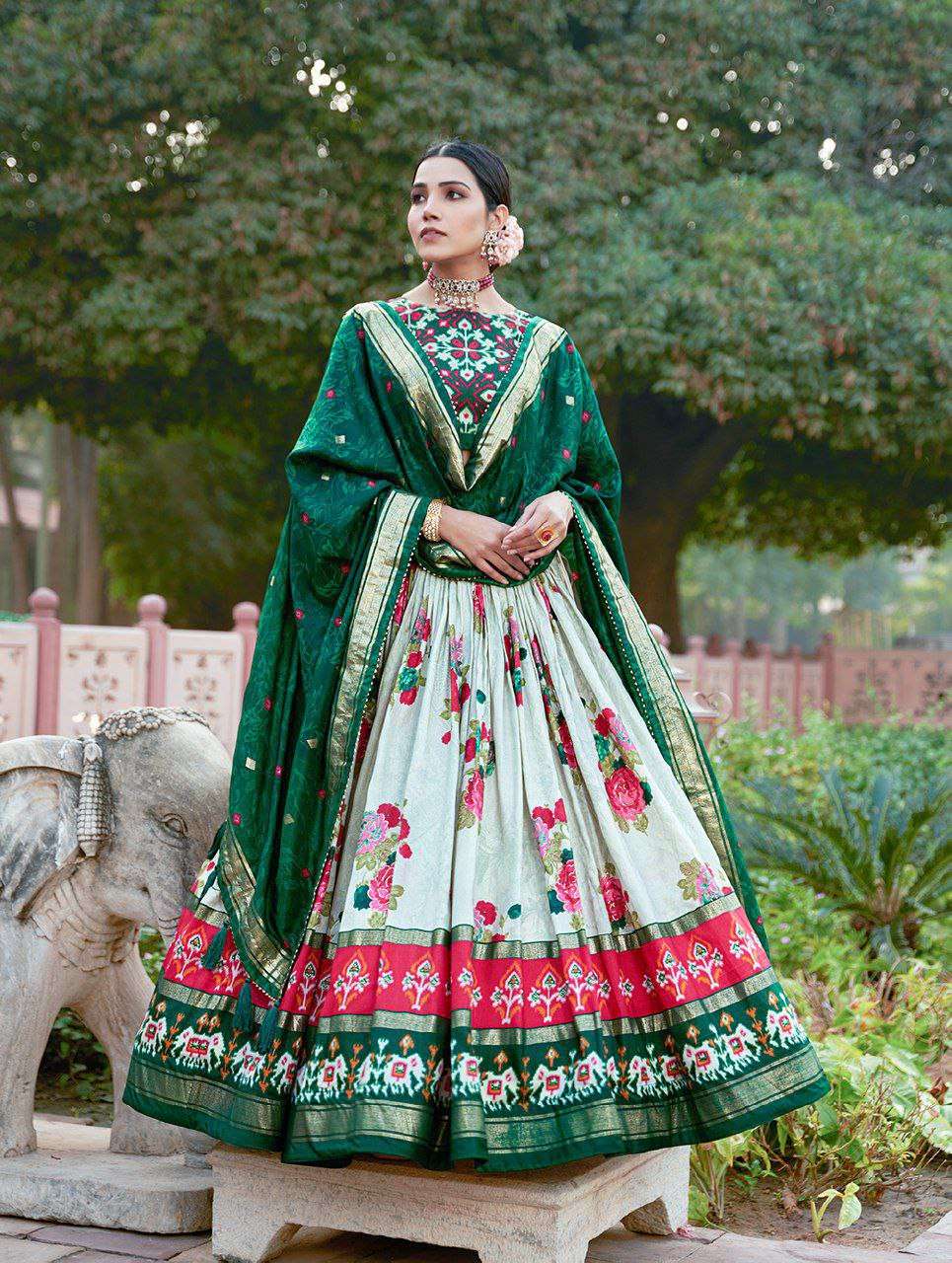 Women's Patola Print Tussar Silk Lehenga Choli Dupatta Set - Green