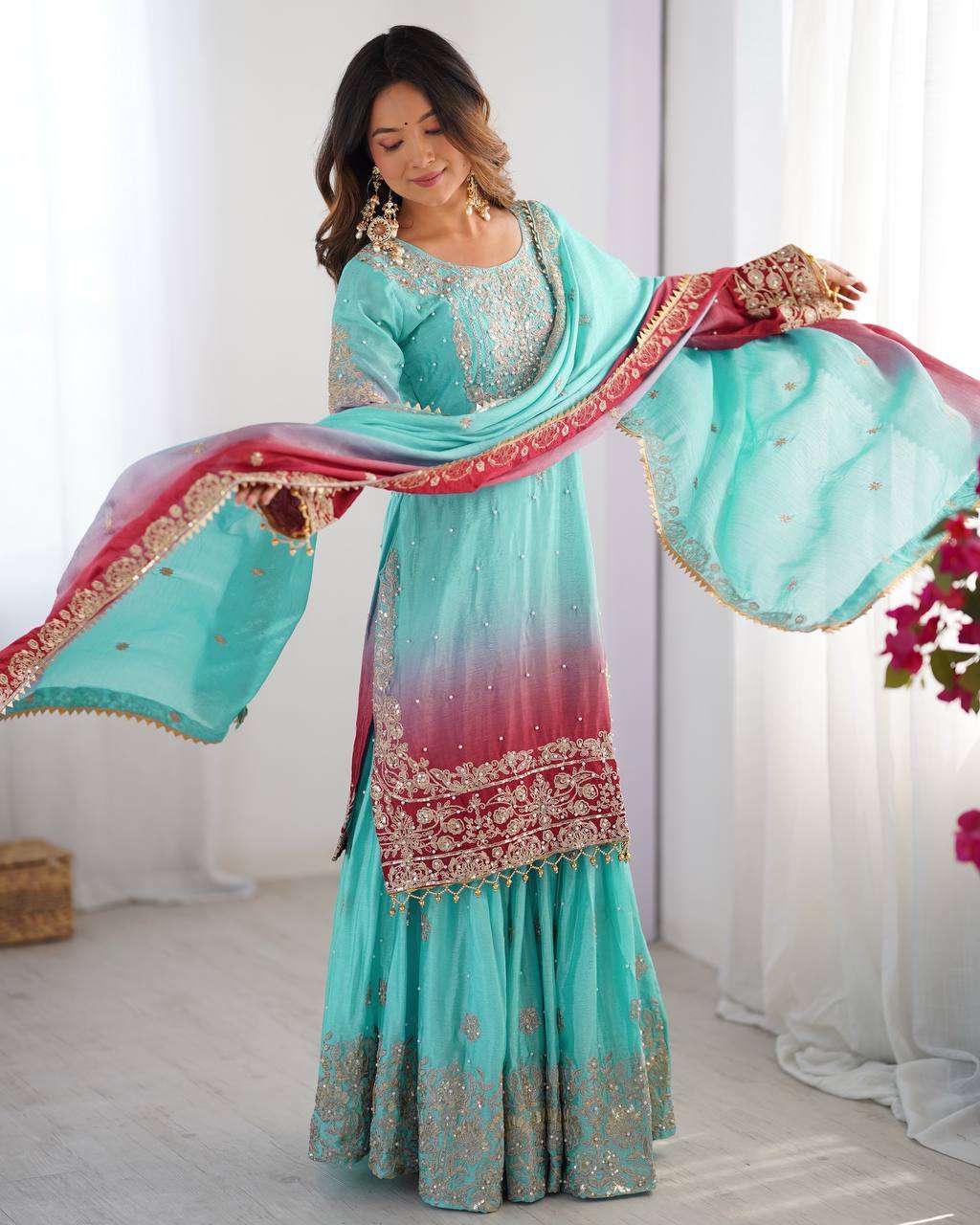 Women's Chinon Silk Sequence With Rivet Moti Work Straight Kurta With Sharara and Dupatta Set - Light Sky Blue, L