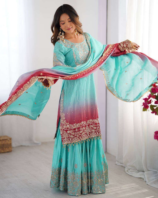 Women's Chinon Silk Sequence With Rivet Moti Work Straight Kurta With Sharara and Dupatta Set - Light Sky Blue, L