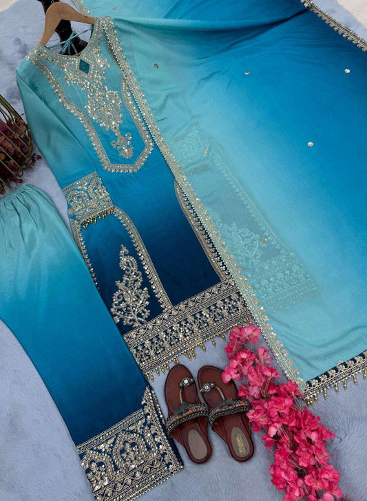 Women's Chinon Silk Embroidery Straight Pakistani Salwar Suit and Dupatta - Aqua Blue, XXL