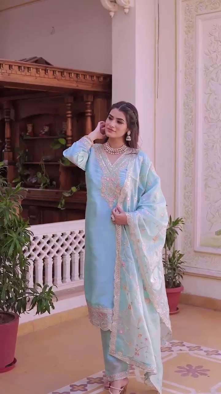 Women's Silk Heavy Embroidery Sequence Work Top-Bottom Straight Kurti With Pant and Dupatta set - Sky Blue, XXL