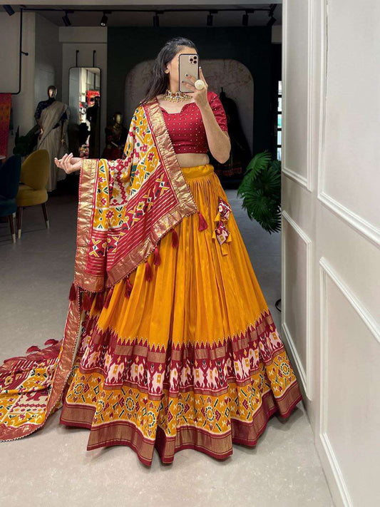 Women's Tussar Silk Patola Print Lehenga Choli Dupatta Set - Yellow