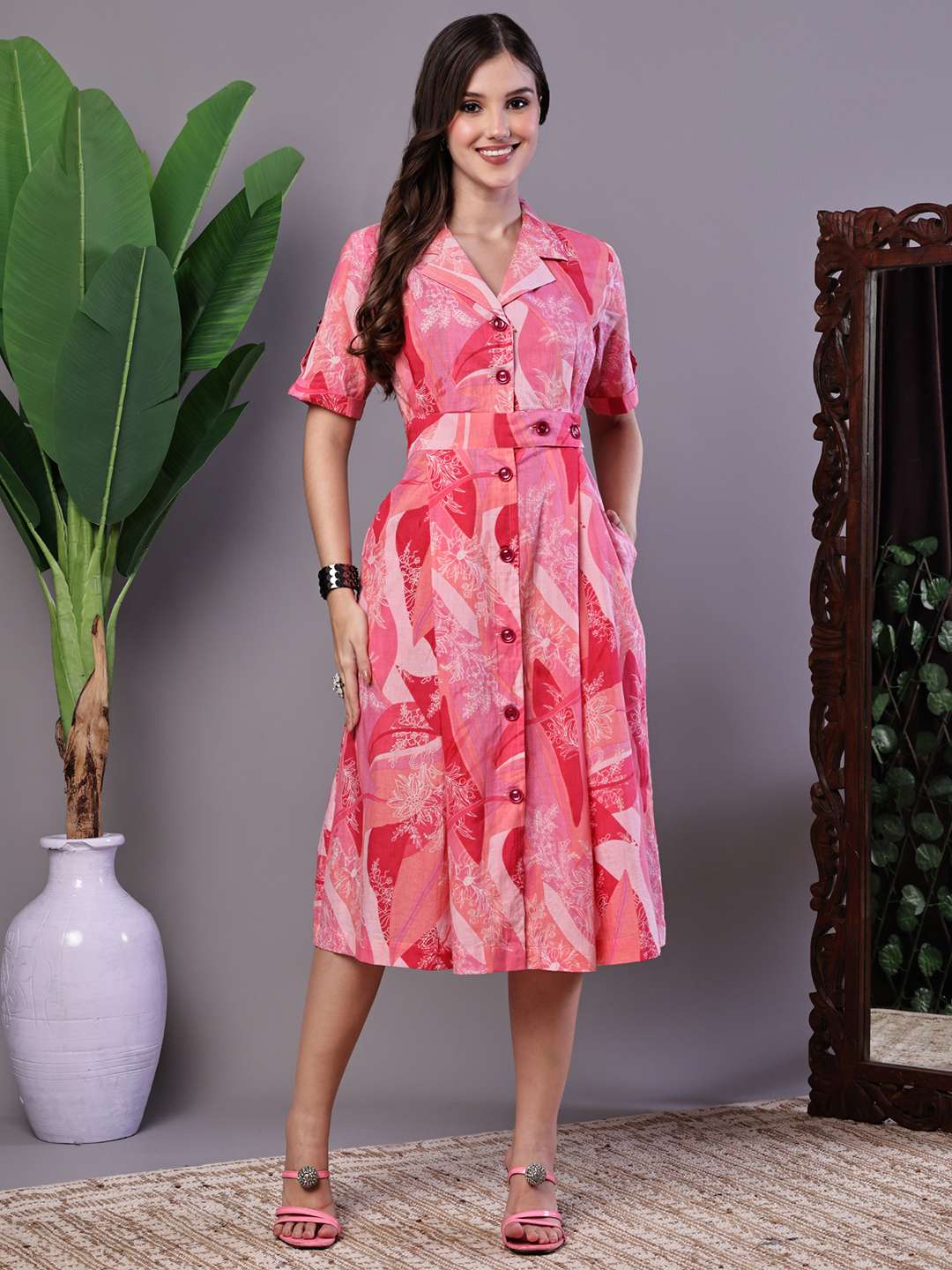 Women's Pink Printed Cotton Midi Shirt Dress - M