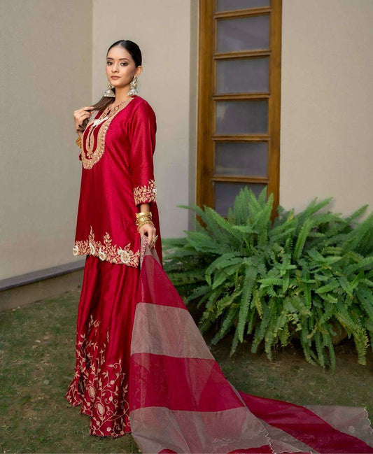 Women's Chinon Silk Sequence Embroidery Work Straight Kurti With Sharara Suit and Dupatta Set - Red, L