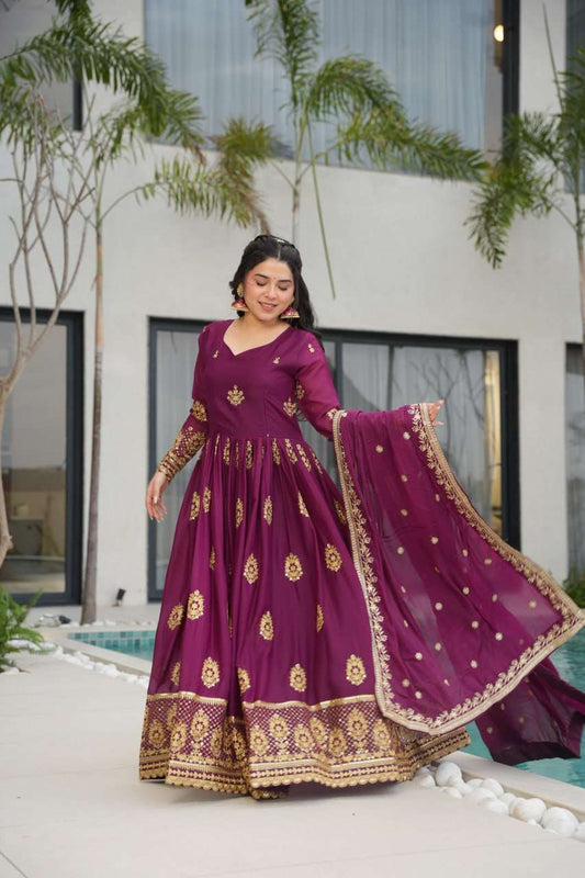 Womenâs Ethnic Anarkali Style Floor-Length Gown in Magenta with Golden Zari Embroidery â Festive & Wedding Wear - Wine Purple, XXL (44)