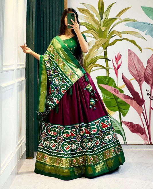 Women's Stitched Tussar Silk Patola Print Lehenga Choli Dupatta Set - Maroon