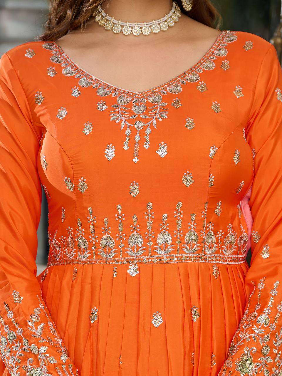 Women's American Silk Sequence Embroidery Long Anarkali Kurti (Gown) With Dupatta - Orange, M