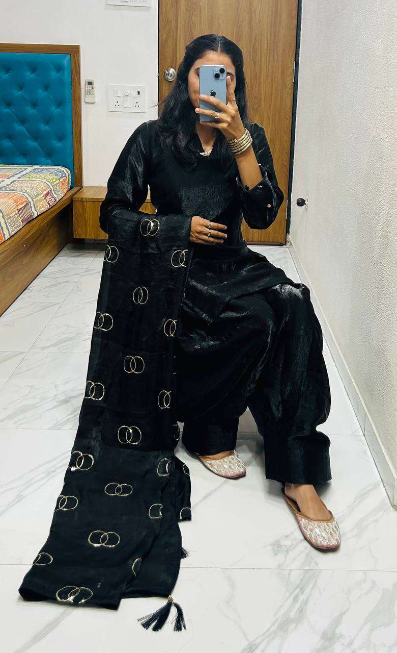 Women's Fendi Silk Solid Muslim Straight Kurti With Pant and Dupatta set - Black, XXL