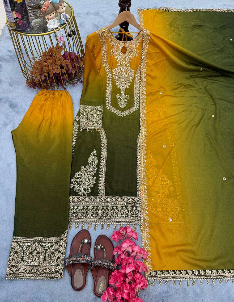 Women's Chinon Silk Embroidery Straight Pakistani Salwar Suit and Dupatta - Green, XXL