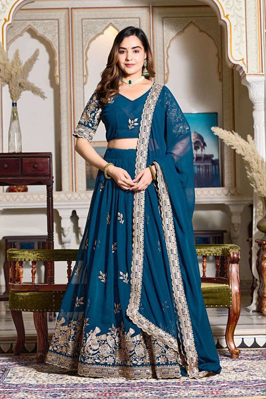 Women's Embroidered Lehenga Choli with Net Dupatta ? Festive & Wedding Wear Set - Teal Blue
