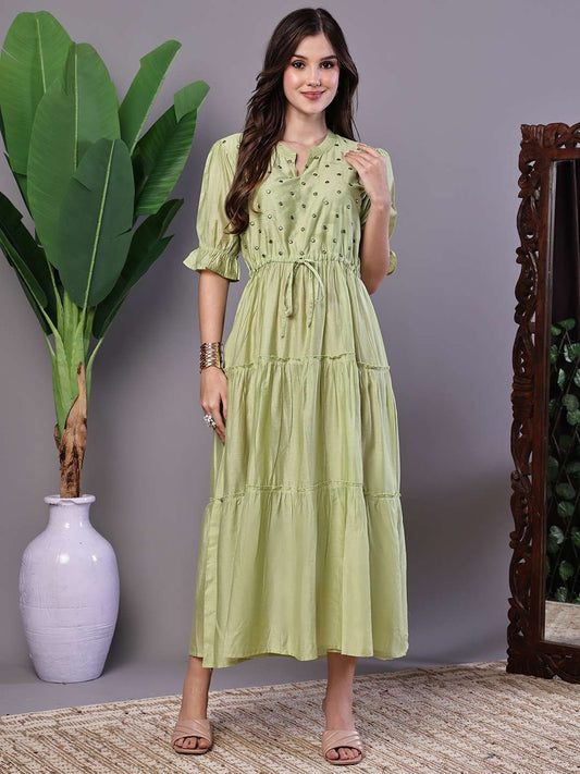 Wome's Boho-Chic Forest Green Tiered Maxi Dress with Puff Sleeves Dresses - L