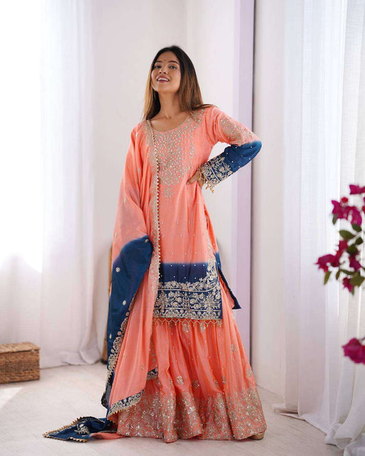 Women's Chinon Silk Sequence With Rivet Moti Work Straight Kurta With Sharara and Dupatta Set - Peach, XXL