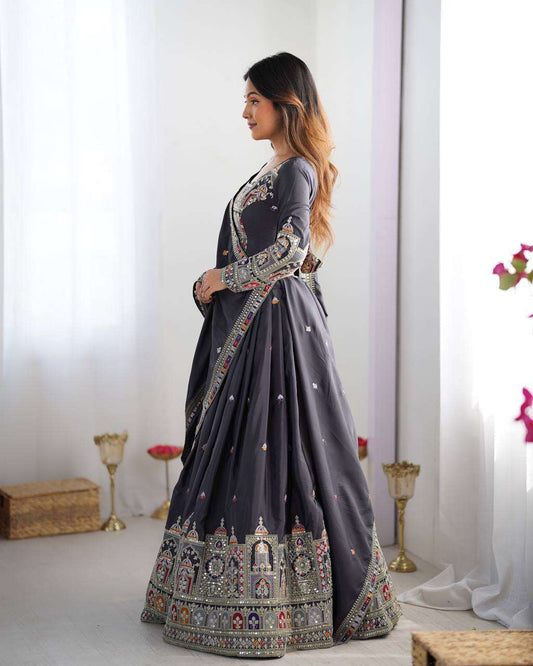 Women's Crepe Silk Sequence Embroidery and Zari Work Rajsthani Lehenga Choli with Dupatta - Black, M