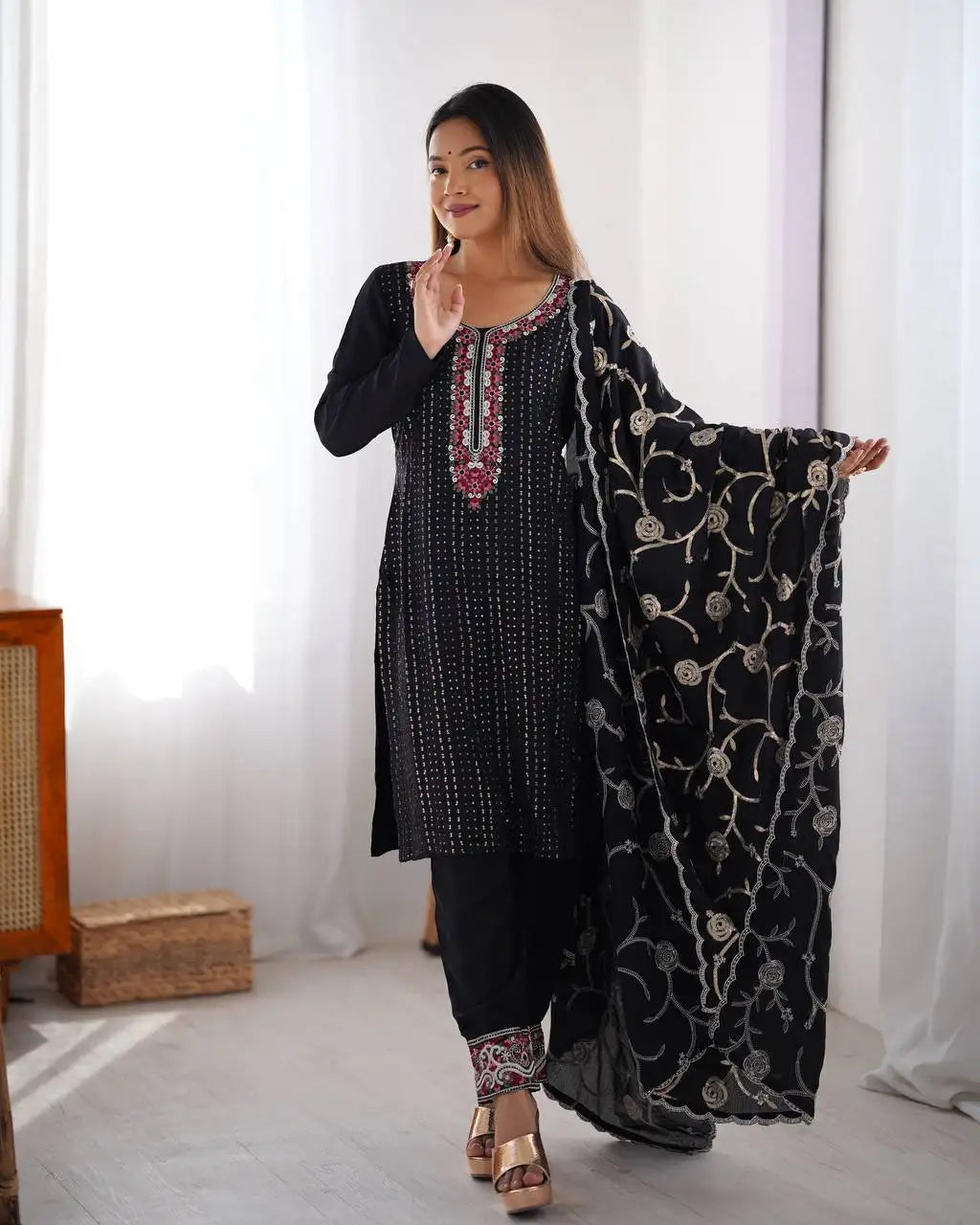 Women's Chinon Silk Sequence And Thread Work Straight Kurti With Pant and Dupatta Set - Black, M