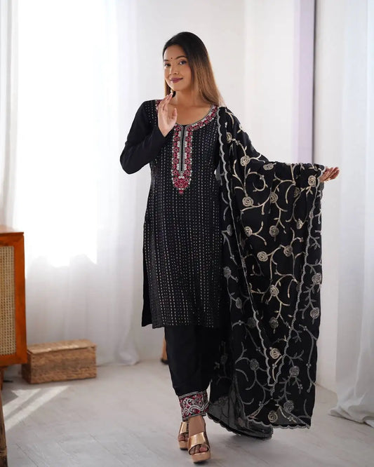 Women's Chinon Silk Sequence And Thread Work Straight Kurti With Pant and Dupatta Set - Black, M