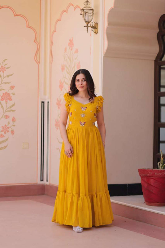 Women's Elegant Plum Purple Georgette Anarkali Gown with Butterfly Applique & Ruffle Sleeves â Festive & Special Occasion Wear - Yellow, M (38)