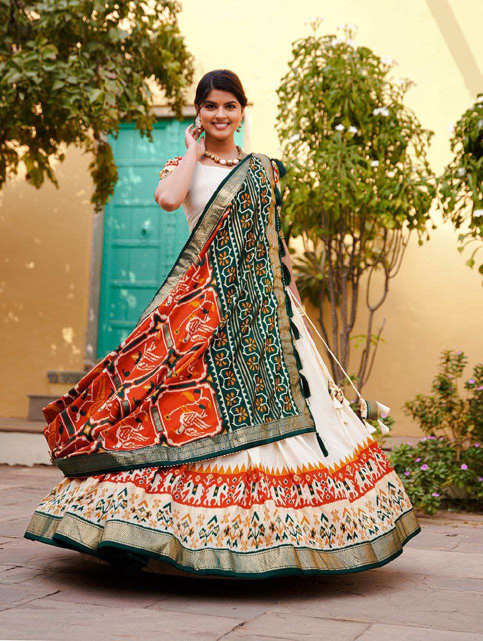 Women's Ethnic Printed Lehenga Choli Set with Patola Design Dupatta ? Festive & Cultural Wear - Cream