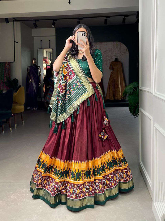 Women's Tussar Silk Patola Print Lehenga Choli Dupatta Set - Maroon