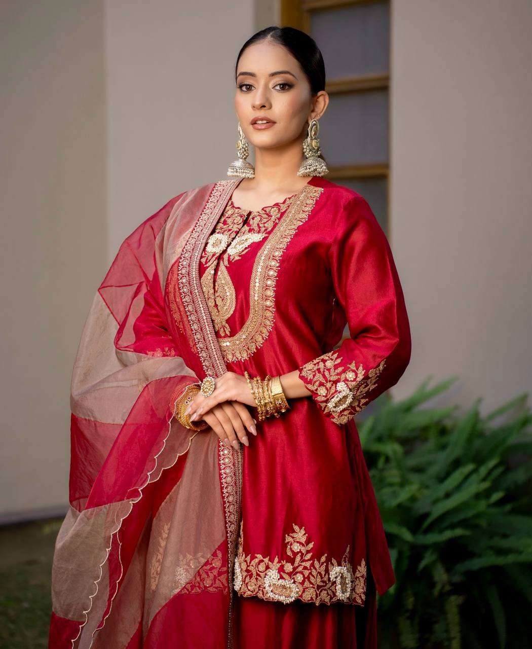 Women's Chinon Silk Sequence Embroidery Work Straight Kurti With Sharara Suit and Dupatta Set - Red, XL