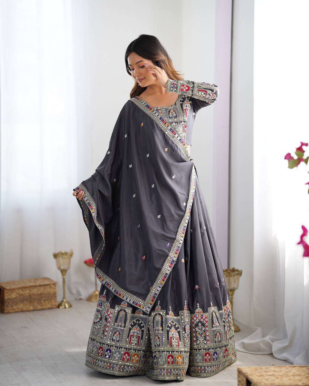 Women's Crepe Silk Sequence Embroidery and Zari Work Rajsthani Lehenga Choli with Dupatta - Black, L