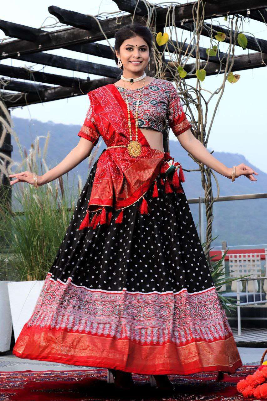 Women's Traditional Bandhani Ghagra Choli with Dupatta ? Navratri & Festive Wear - Black