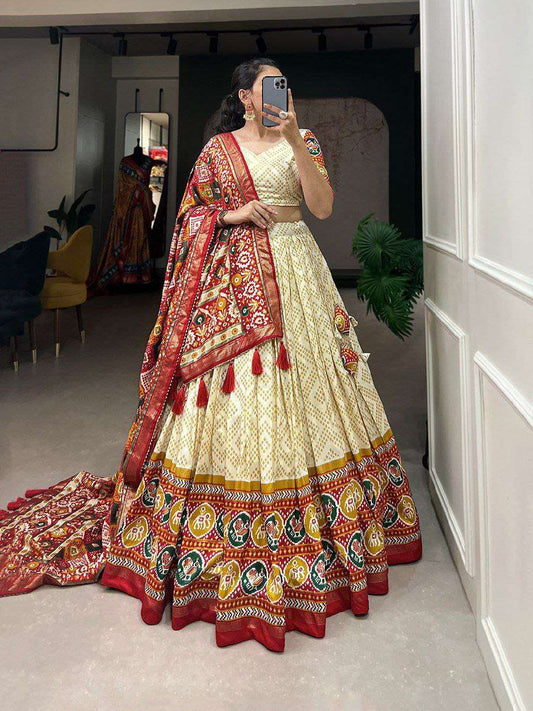Women's Patola Print Lehenga Choli with Dupatta ? Traditional Gujarati Style Festive Wear - Cream