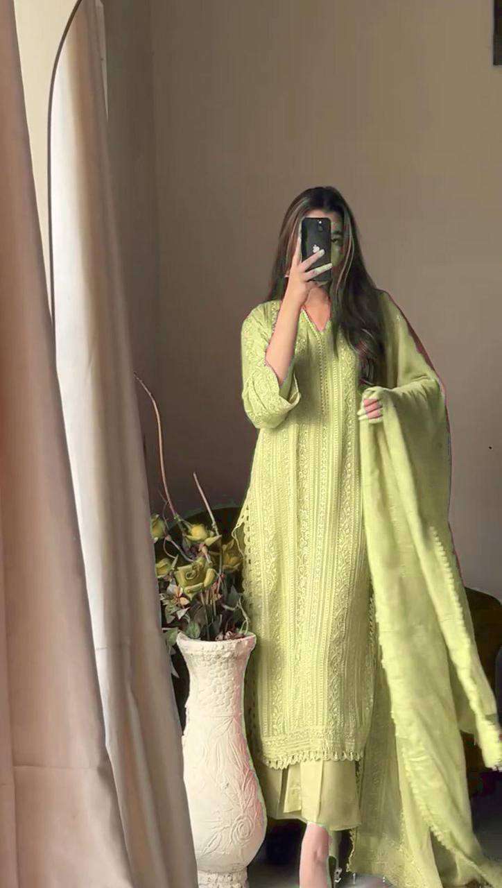 Women's Chinon Silk with Cotton Thread Embroidery Straight Kurti With Pant and Dupatta set - Pista Green, L