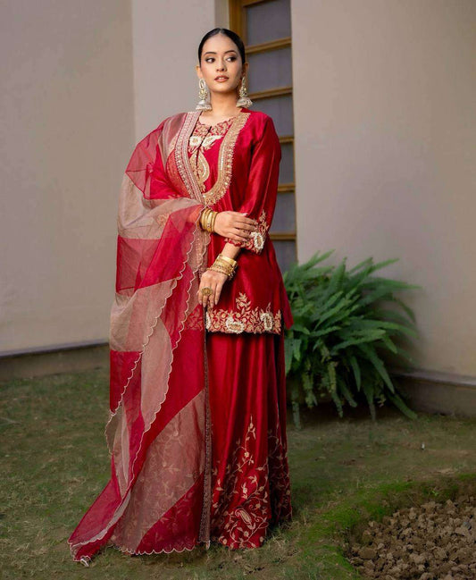 Women's Chinon Silk Sequence Embroidery Work Straight Kurti With Sharara Suit and Dupatta Set - Red, M