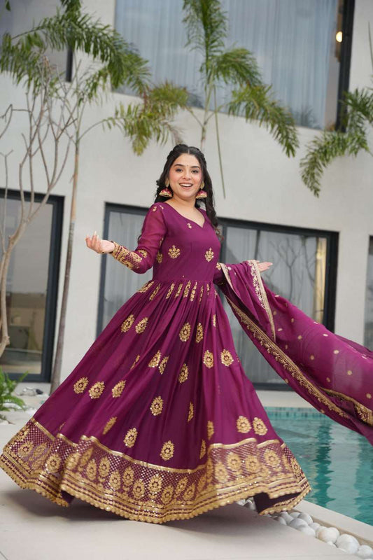 Womenâs Ethnic Anarkali Style Floor-Length Gown in Magenta with Golden Zari Embroidery â Festive & Wedding Wear