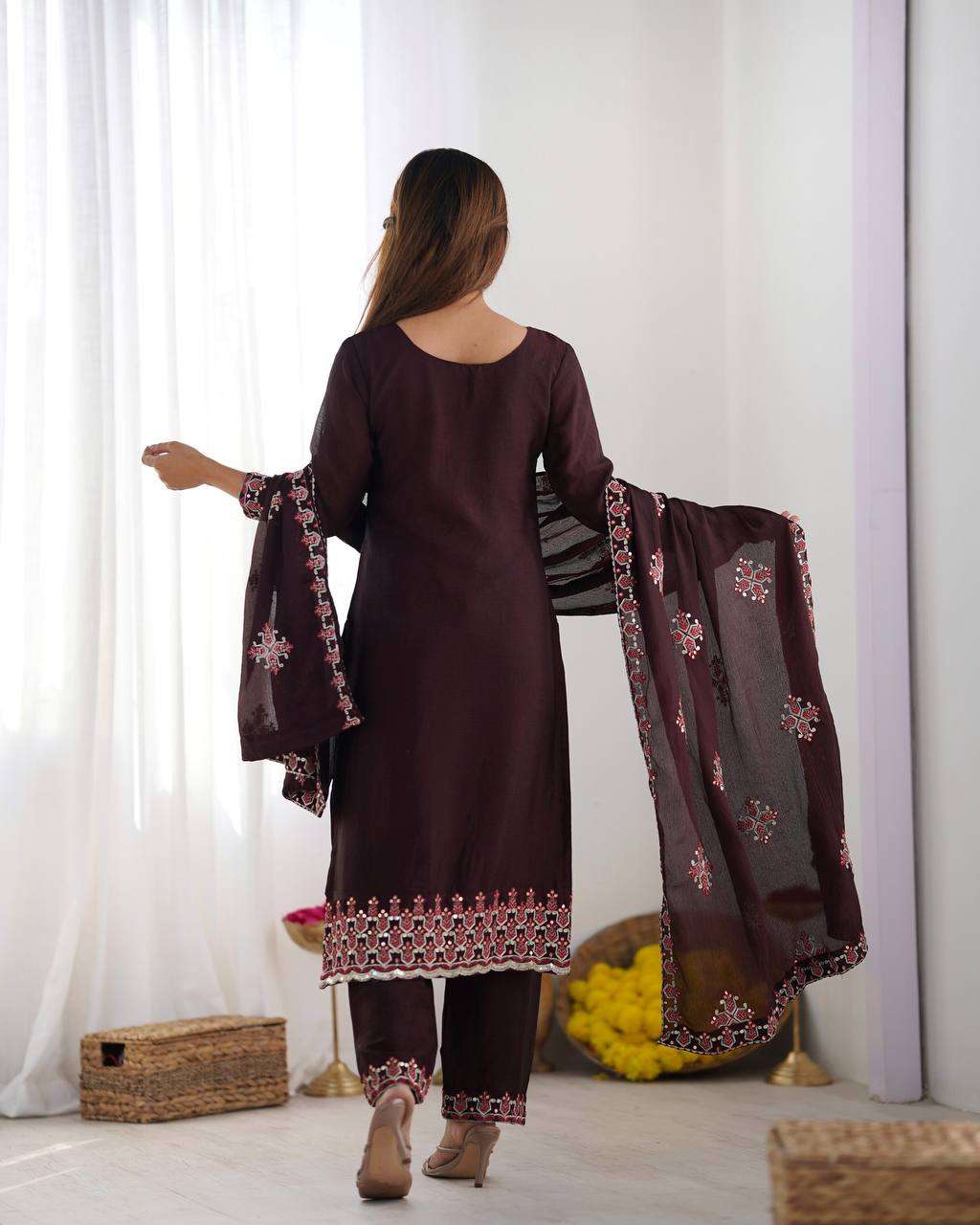 Women's Chinnon Silk Embroidery Sequence Work and Lace Work Straight Kurti With Pant and Dupatta - Maroon, M