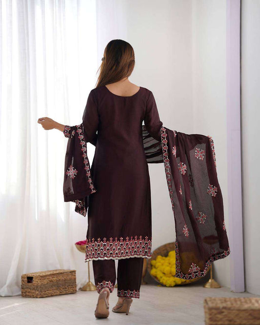 Women's Chinnon Silk Embroidery Sequence Work and Lace Work Straight Kurti With Pant and Dupatta - Maroon, XL