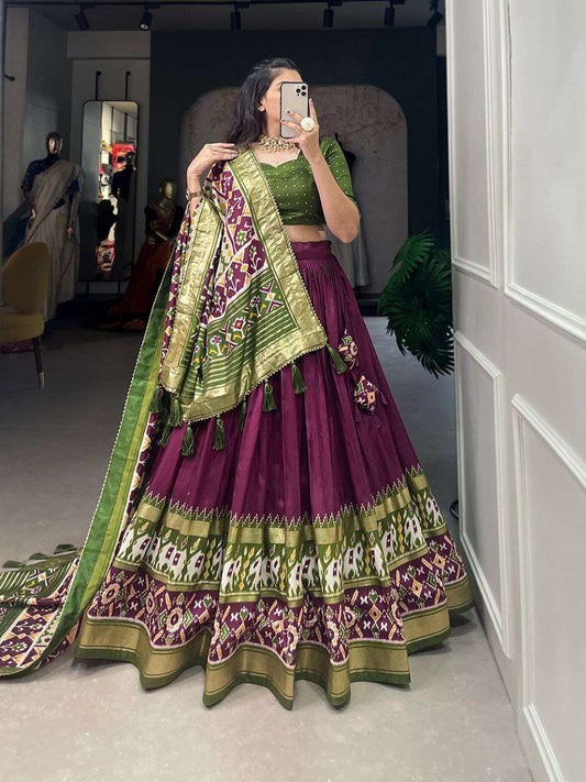 Women's Tussar Silk Patola Print Lehenga Choli Dupatta Set - Purple