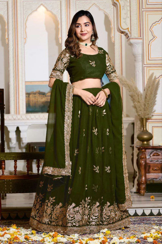 Women's Embroidered Lehenga Choli with Net Dupatta ? Festive & Wedding Wear Set - Olive Green