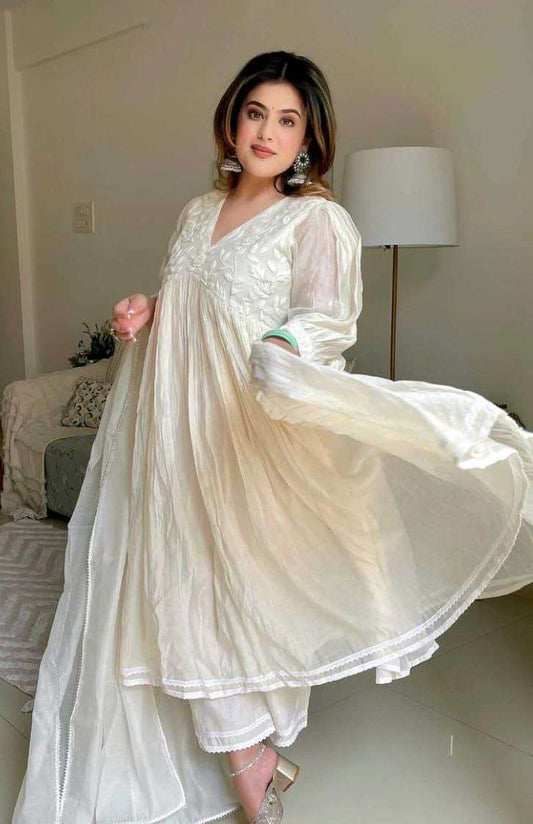 Women's Chanderi Silk Embroidered Anarkali Kurti With Pant and Dupatta - white, XL