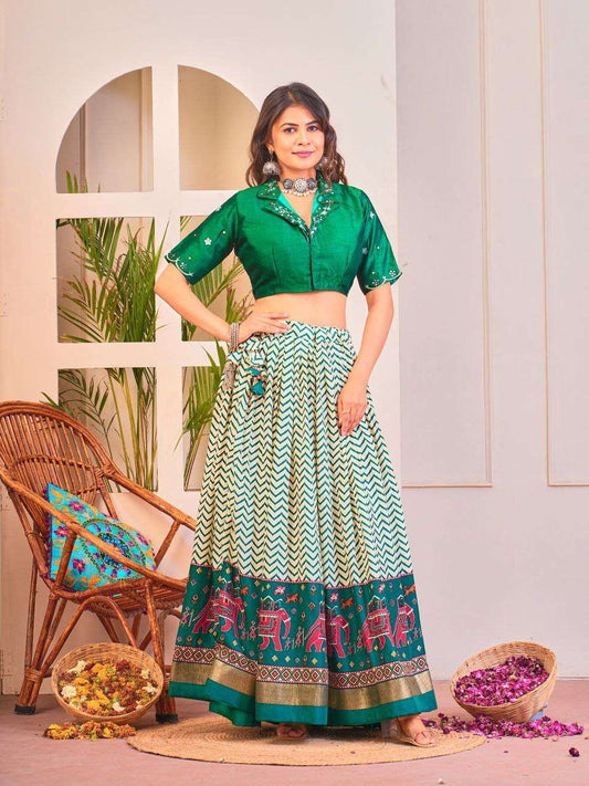 Women's Tussar Silk Patola Print Lehenga Choli Set with Foil Work - Green