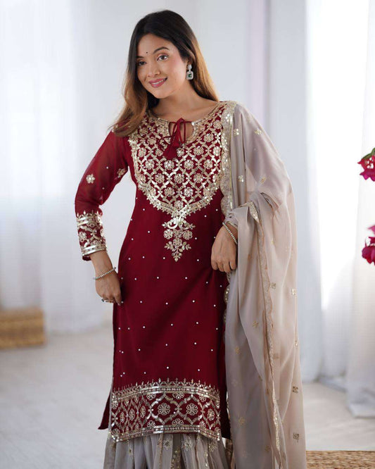 Women's Faux Georgette Sequins Embroidered Straight Kurta With Sharara Suit and Dupatta Set - Maroon, M