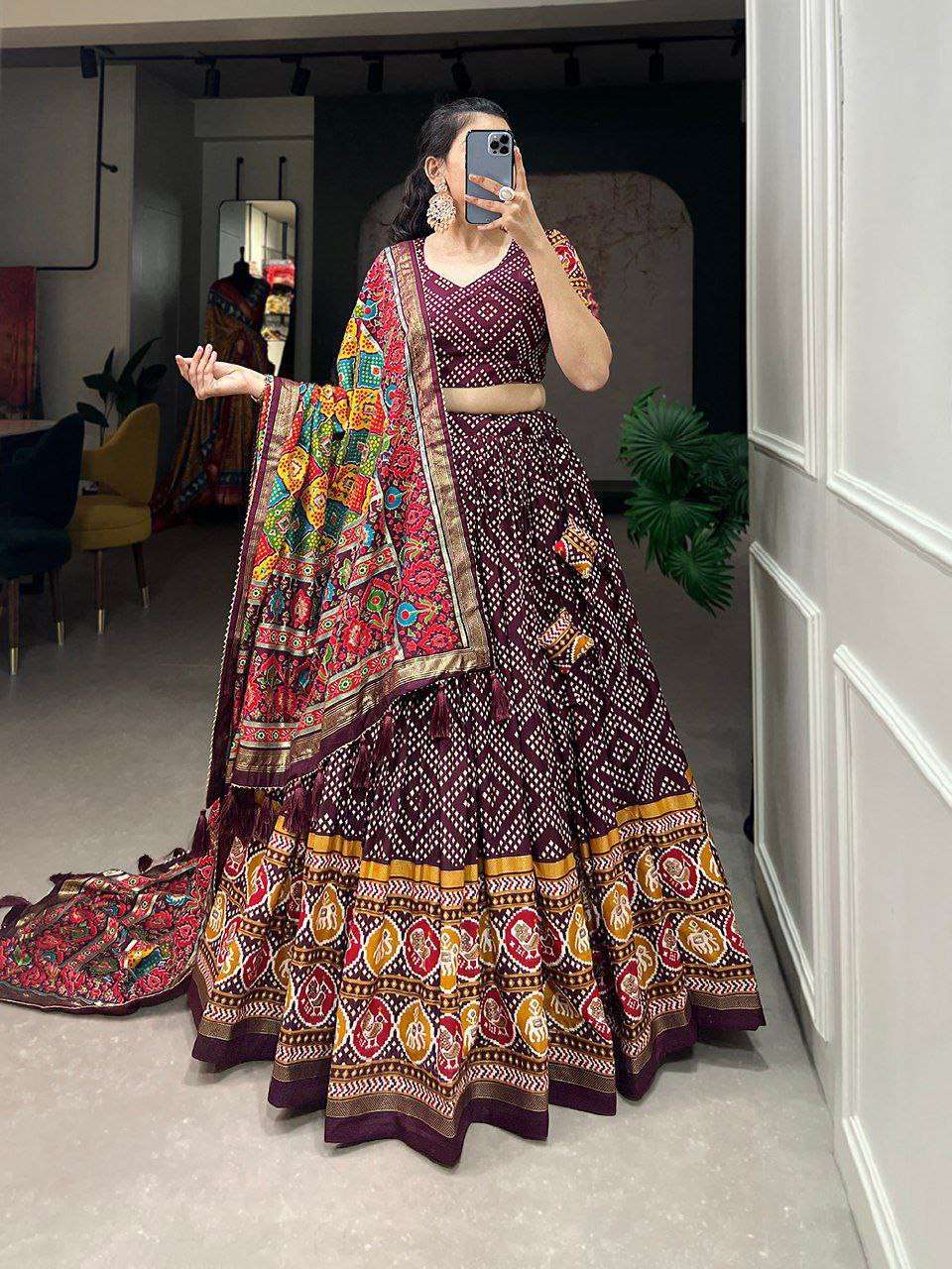Women's Patola Print Lehenga Choli with Dupatta ? Traditional Gujarati Style Festive Wear - Maroon