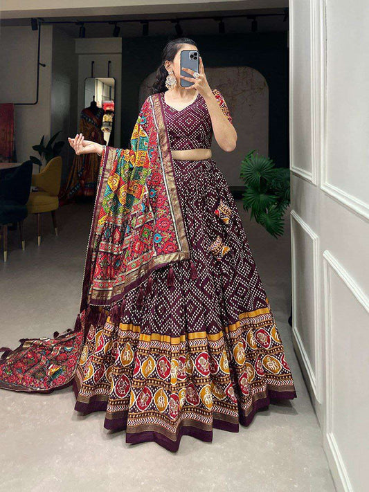 Women's Patola Print Lehenga Choli with Dupatta ? Traditional Gujarati Style Festive Wear - Maroon