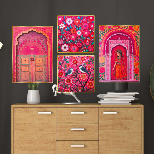 Set of Four Wall Paintings for Wall Dacoration Golden Framed Wall Paintings for Living Room & Bedroom Wall Art for Home Decoration & Office Wall DÃ©cor (13x10 inch CH-GD4-1)