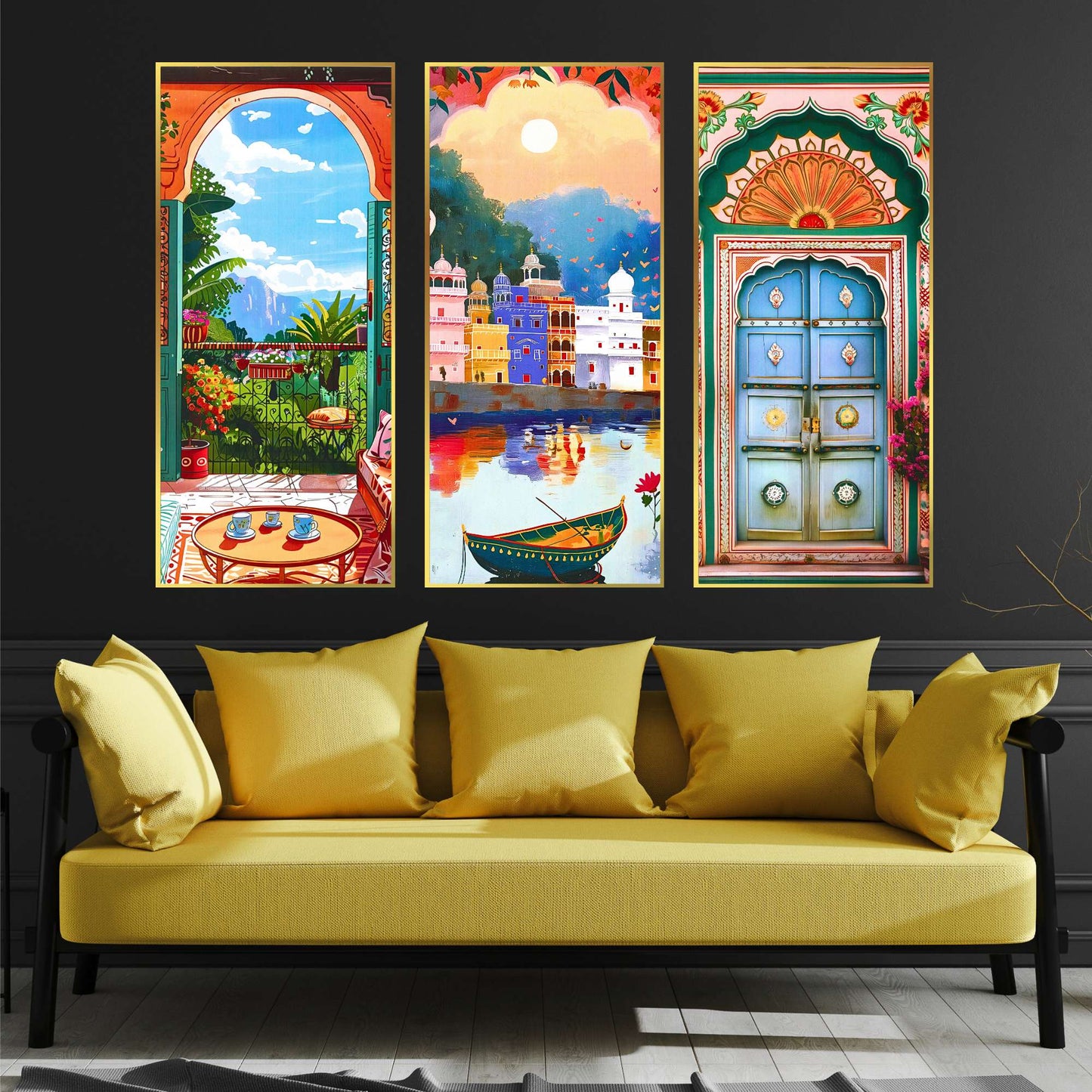 Set of Three large Wall Paintings for Wall Dacoration Golden Framed Wall Paintings for Living Room & Bedroom Wall Art for Home Decoration & Office Wall DÃ©cor (14x11 inch CH-LGD3-2)